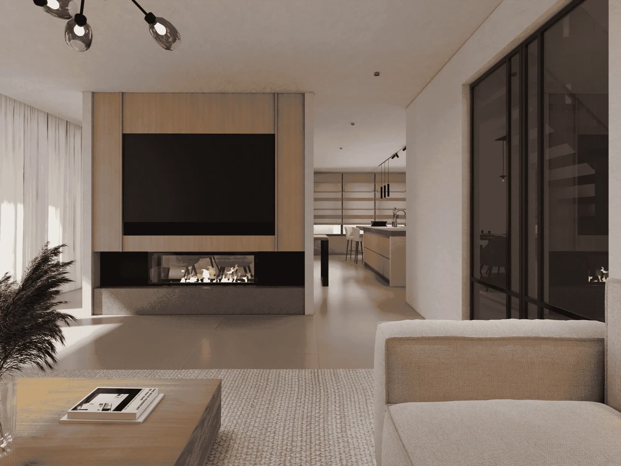 Woonkamer met haard, houten wandmeubel en lichte bank