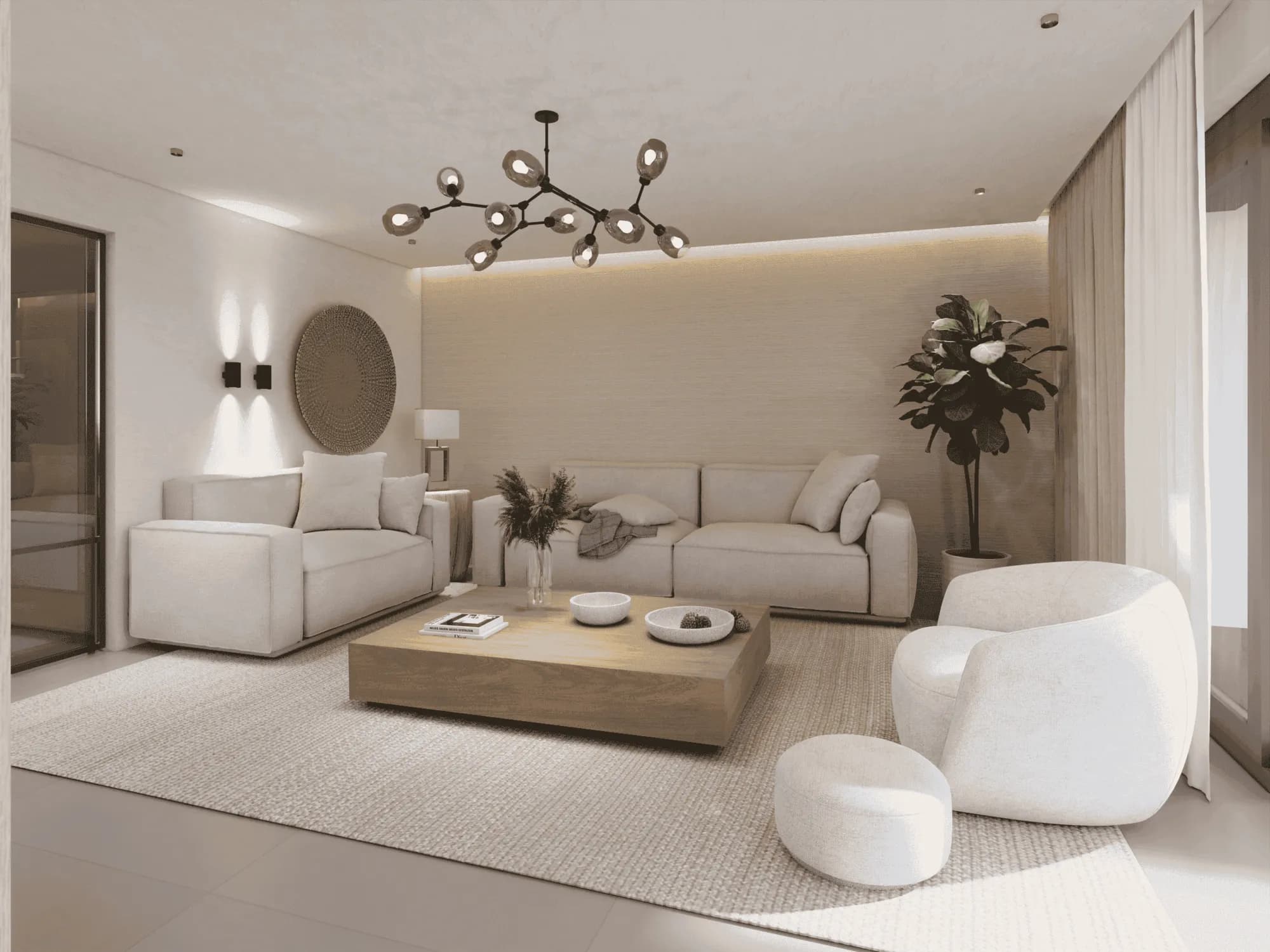 Lichte woonkamer in warme grijs- en zandtinten met ronde bank en wandverlichting